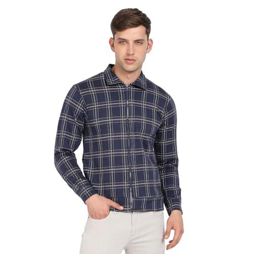 campus sutra men's navy blue tartan plaid zip-front sweatshirt for casual wear | spread collar | long sleeve | zipper closure | cotton sweatshirt crafted with comfort fit for everyday wear (size-l)