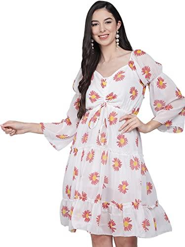 funday fashion women knee length dress (medium, white,red)