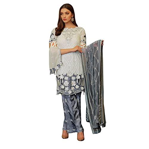 miss ethnik women's white faux georgette semi stitched top with unstitched santoon bottom and nazmin dupatta embroidered straight kurta dress material (pakistani salwar suit)