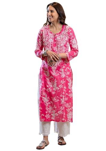 gosriki women's cotton blend chikankari embroidered straight kurta (zainab pink-nw-gs_l_pink_large)