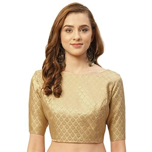 studio shringaar women's readymade pastel brocade elbow length sleeves saree blouse (gold, 50)