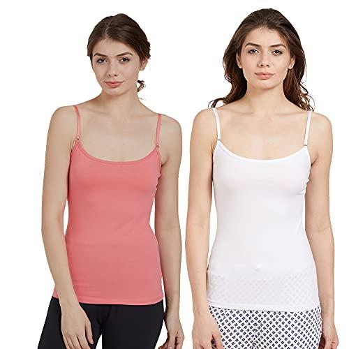 soie women's solid cotton spandex slip (pack of 2)( white , pink , size-large )