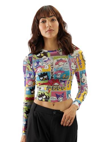 the souled store official hello kitty women and girls long sleeve round neck multicolor all over printed slim fit mesh cropped tops