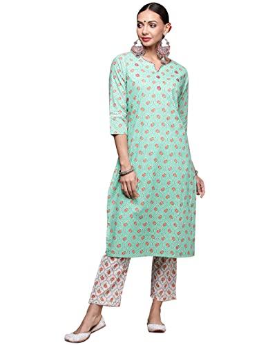 anubhutee women's turquoise green handwork printed kurta set with trousers