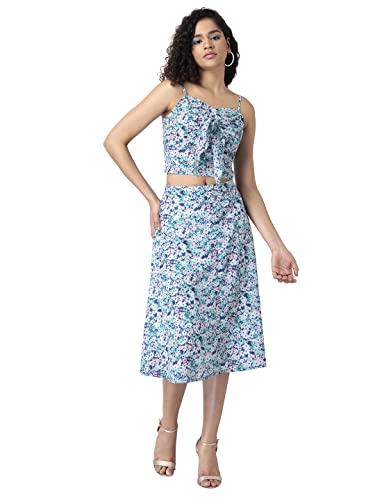 faballey polyester blue floral strappy crop top and midi skirt set