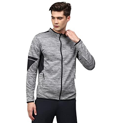 campus sutra men's grey heathered activewear jacket with contrast detail for casual wear | hooded neck | long sleeve | zipper closure | polyester jacket crafted with comfort fit for everyday wear