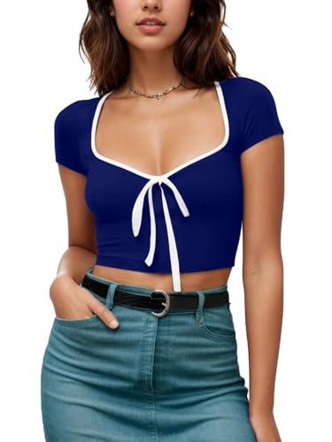 aahwan royal solid color block edge stitching front tie cropped t-shirt for women's & girl's (291-royal-l)