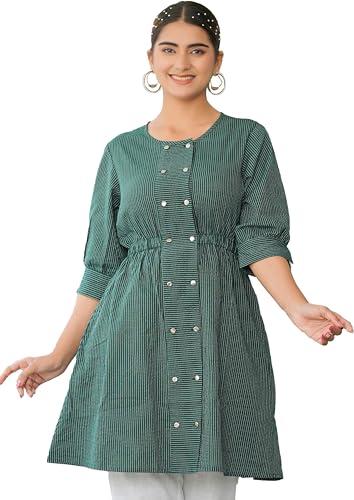 yash gallery women's kantha cotton stripes printed regular tunic (1562ykgreen, l, green)