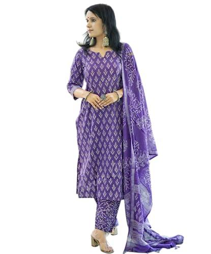 meera fab women's cotton printed straight kurta with palazzo & dupatta set purple