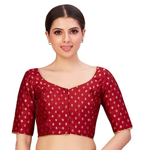 studio shringaar women's polyester elbow length banarasi saree elbow sleeve blouse(maroon, 38)