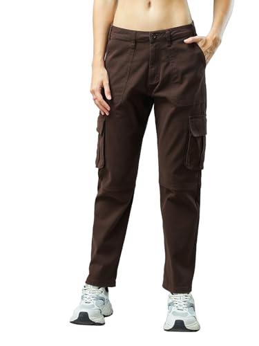 bewakoof women's solid regular fit cotton blend cargo casual pants_620015_brown_36