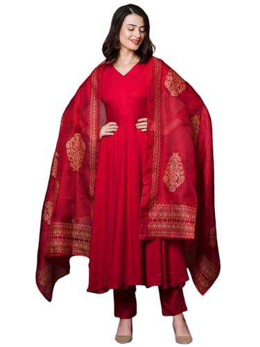 gosriki women's rayon blend solid anarkali kurta with pant & dupatta (magic-red-nb-gs_xxl_red_xx-large)