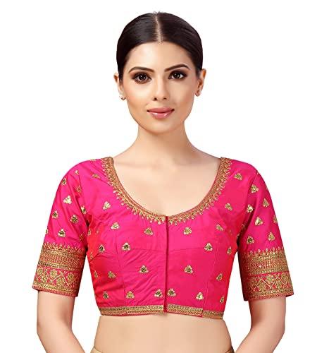 studio shringaar polyester women's pink embroidered saree elbow length sleeves blouse (pink, 38)