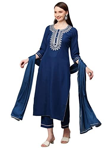 anni designer women's cotton blend straight embroidered kurta with pant & dupatta set (dhati kerosin_xxl_dark blue_xx-large)