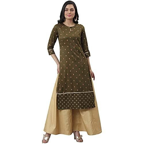 fashion dream women khadi rayon foil print and pigment work straight kurta/kurti(olv grn_xs) green