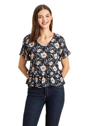 moomaya women’s printed viscose top, ruffled, v-neck, elbow sleeves loose-fit summer tops