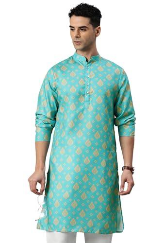 majestic man cotton blend ethnic motifs printed long kurta for men (rama, medium)