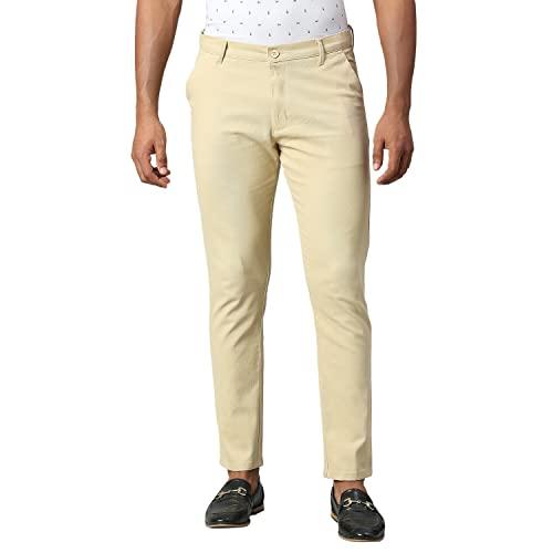 dennis lingo men's light khaki cotton solid chinos trouser (b101