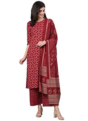 amayra women's rayon printed straight kurti with palazzos and dupatta set (xs) maroon