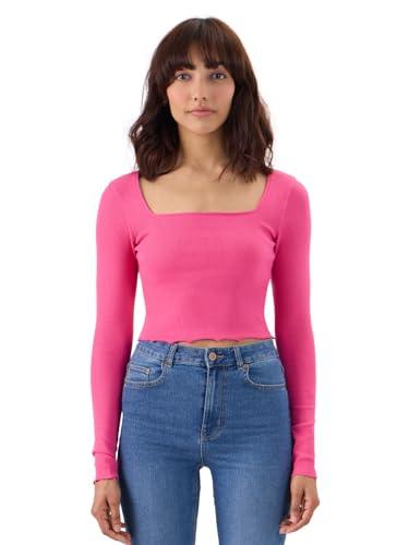 the souled store hot-pink ribbed top women and girls square neck cotton blend full sleeves tops women's t-shirts tops tees casual fashion regular fit full sleeves round neck trendy stylish