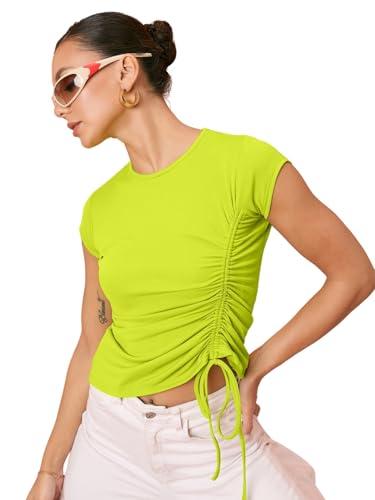 uptownie lite womens's half-sleeve stretchable drawstring top (neon green,l)