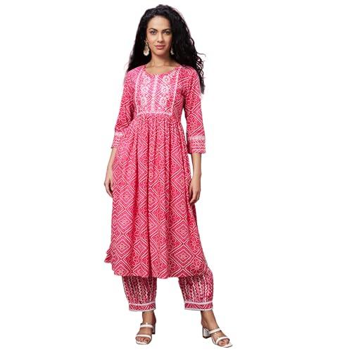 globus women pink ethnic motifs print kurta set with trouser-3640386002