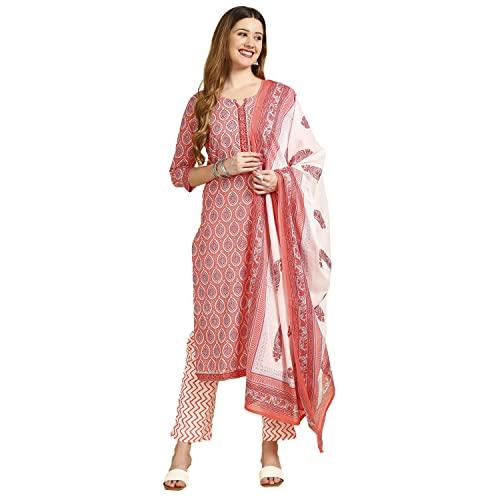 anubhutee women's cotton pink paisley printed straight kurta suit set with pants and dupatta