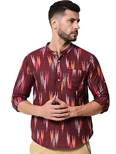 vastraa fusion men's handloom weaving pure cotton short kurta, round collar, full sleeves, wooden button kurta, ethnic wear (ikkat - purple, 46)