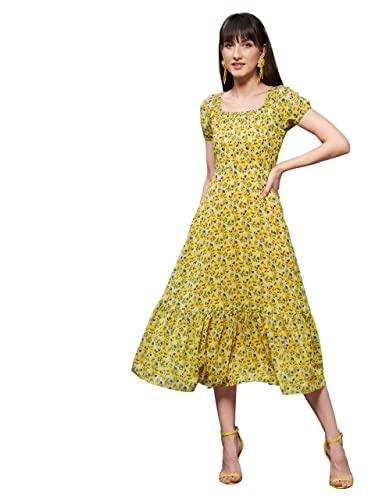 miss chase women's multicolored base-yellow square neck short puff sleeve floral tiered georgette midi dress (mcss22d16-19-164-05, yellow, l)