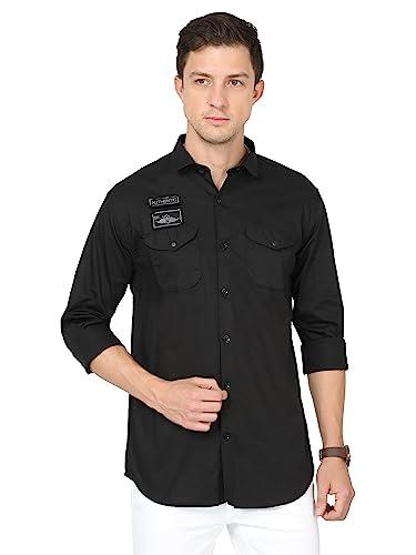 miraan men's double-pocket cotton long sleeve slim fit casual shirt (sigdoubblackxxl_black_xx-large)