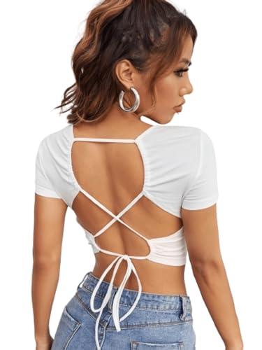 aahwan white solid criss cross tied backless crop top for women's &girl's(272-white-l)