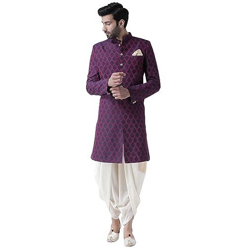 kisah men purple jacquard woven design indo western sherwani set, ethnic wear