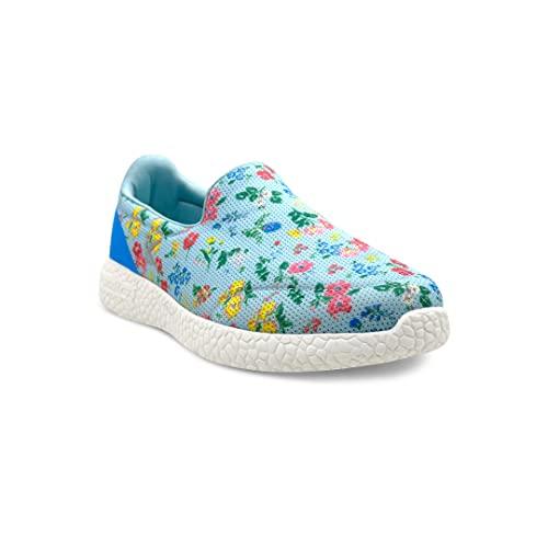 kazarmax women blue floral slip-on walking sneakers -4 uk