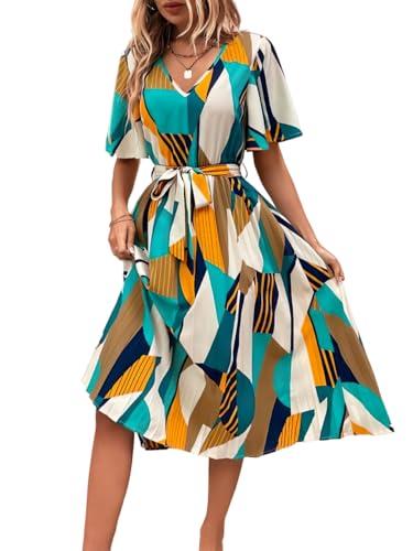 otabu | women a-line dress with pleats, has an v-neck, printed top comes with a belt yellow