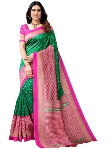 satrani women's poly silk printed saree with unstitched blouse piece(2535s934na_green & beige)