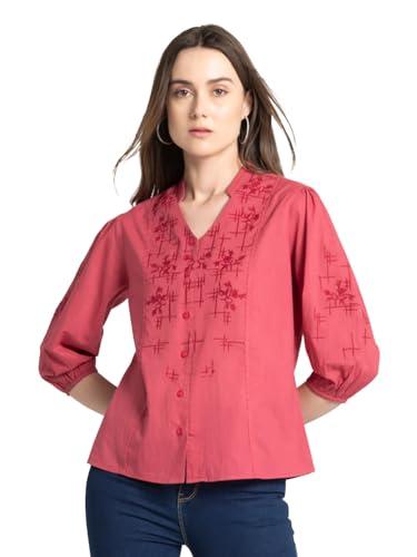 shaye band collar dark coral embroidered three-quarter sleeves casual tops for women (x-large)