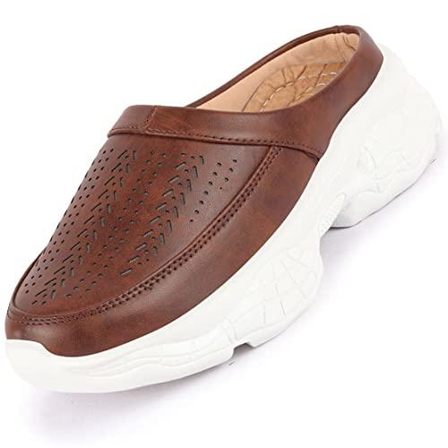 fausto fst 1334 brown-37 women's brown laser cut stitched back open slip on mules shoes (4 uk)