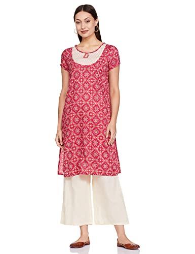 aurelia women poly voile printed pink straight kurta with palazzo set | short sleeve printed straight kurta set |beaded keyhole neck kurta & palazzo set |machine wash kurta with straight palazzo