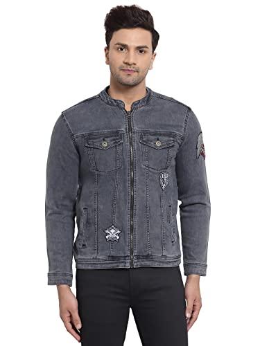 style quotient men grey washed denim jacket with embroidered patch(aw21sqharleybiker_gr-m)