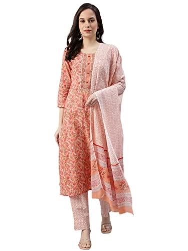 amayra women's rayon printed straight kurta with pant and dupatta set(peach,s)