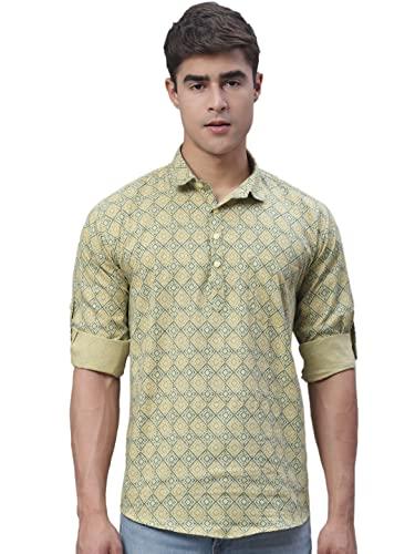 majestic man cotton designer printed short kurta (xxx-large, yellow)