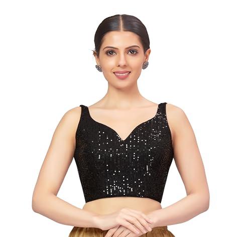 studio shringaar women's polyester black sequin readymade sleeveless padded saree blouse (black, 34)