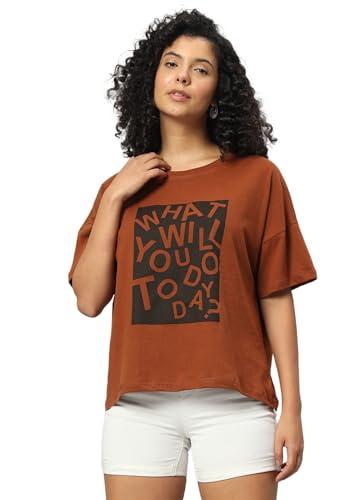 funday fashion women's pure cotton casual printed oversized round neck tshirt (xx-large, light brown 1)