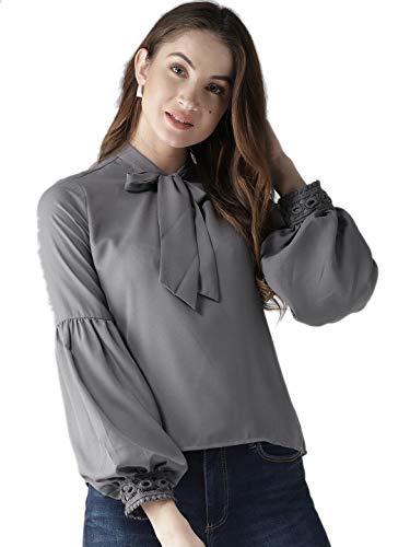 style quotient women solid grey polyester regular smart casual top