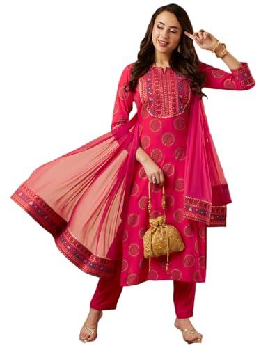 anni designer women's cotton blend straight printed kurta with pant & dupatta (nov-pink-nsw_xl_pink_x-large)