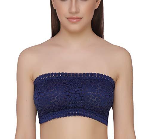 glamoras® women’s cotton nylon spandex lace tube bra padded wire free full coverage with back hook stretchable seamless strapless bandeau bra - free size, blue