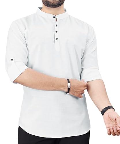 deemoon men's regular fit solid short kurta white