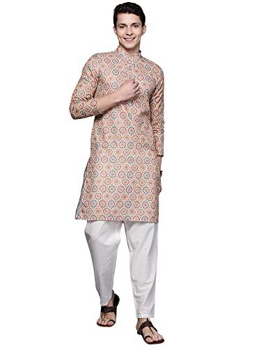 indo era men's cotton printed festive straight long kurta (mkt0ph1221s_peach_ready to wear_s-size)