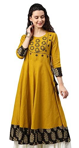 yash gallery women's mustard cotton slub sequin angrakha kurta perfect festival gift