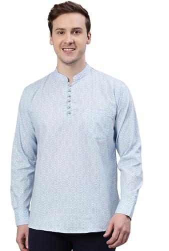 majestic man slim fit cotton printed short kurta (x-large, ice blue)